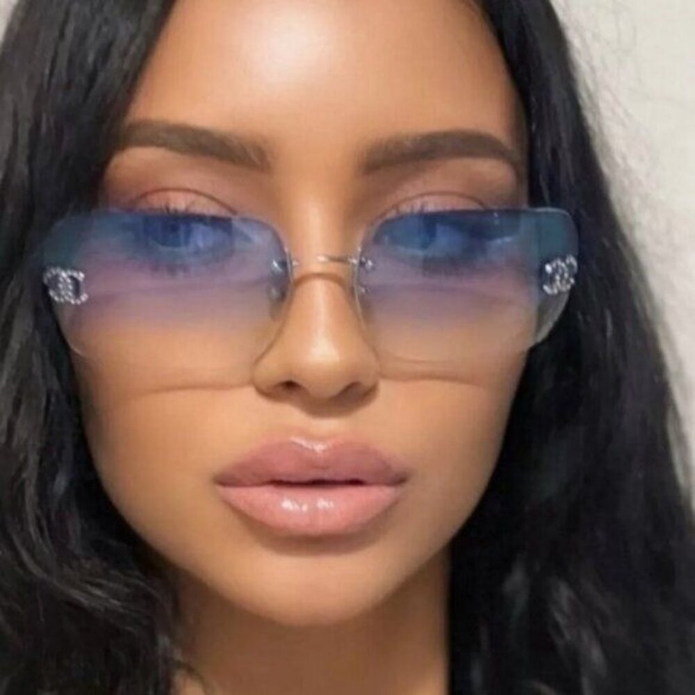 RARE Chanel Vintage Sunglasses Rhinestone CC Logo Rimless Gradient Iridescent
